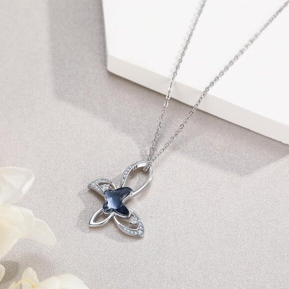 Blue Crystal Butterfly Pendant Necklace Sterling Silver Gift for Women Girls - Picture 2 of 7